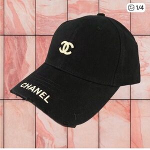 CHANEL Black Baseball Cap with Gold CC and Logo Embroidery